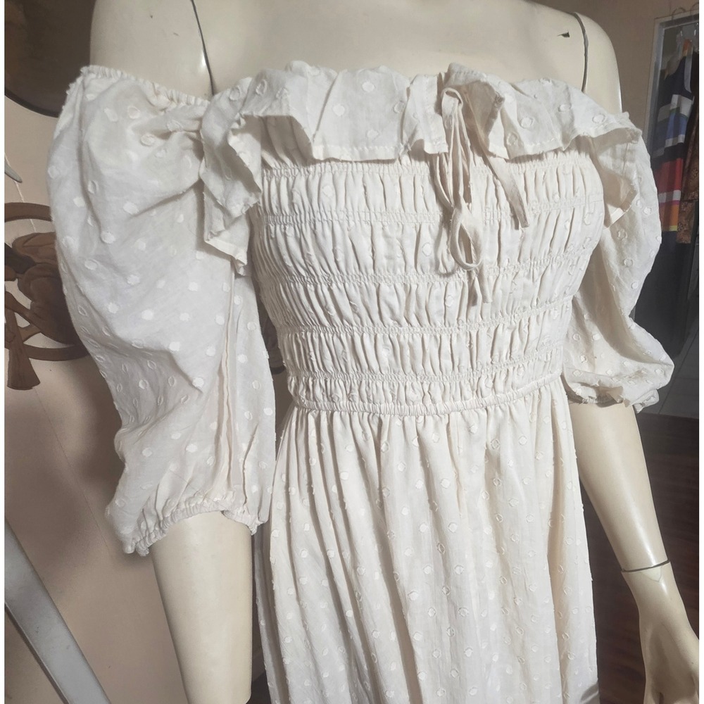 R. Vivimos Maxi Dress Womens Small Cream Swiss Dot Smocked Boho Cottagecore
